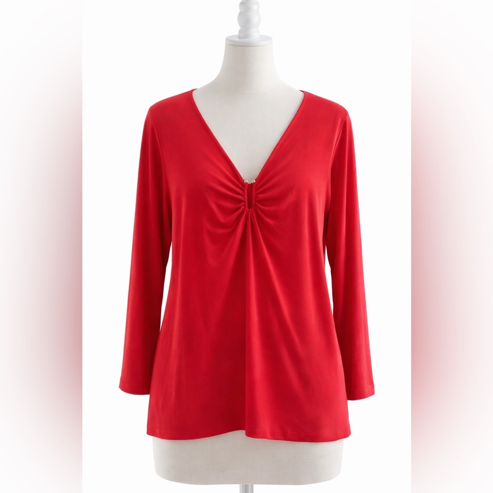 Red V-Neck Long Sleeve Top – Elegant & Flattering